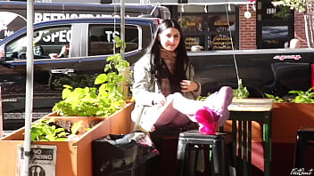 Kaitlyn Katsaros meets up with Feet Goat in New York City notices walking by her invites to room for extremely sloppy blowjob, footjob, and huge facial